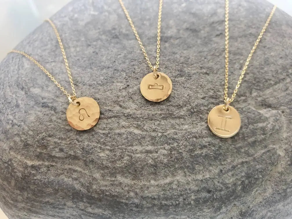 Tiny Hammered Zodiac Necklace, Gold Fill, Birthday Gift, Gold Necklace, Gold Zodiac Necklace, Star Sign, Birthday Necklace, Gift, Hammered My Store