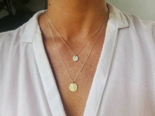 Tiny Hammered Circle Necklace, Sterling Silver, 14K Gold Fill