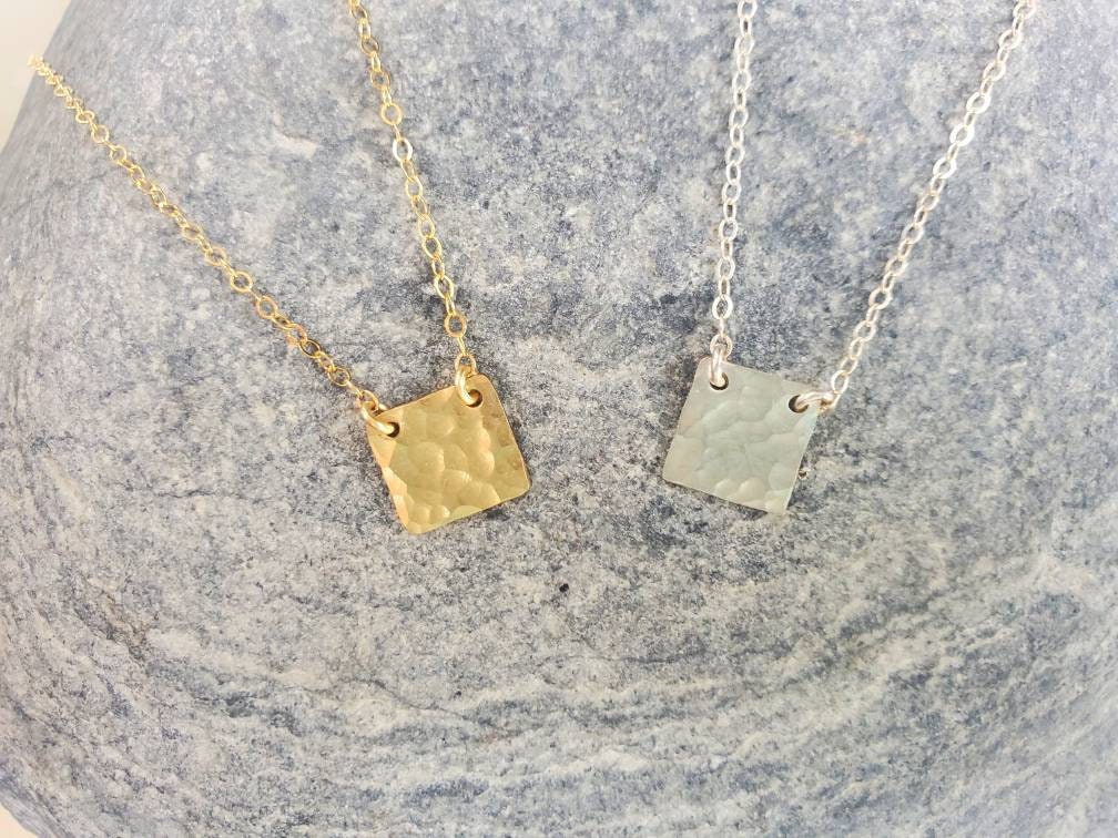 Tiny Silver Square Necklace, Hammered, Sterling Silver, tiny necklace, Square, necklace, Dainty, Tiny Silver Necklace, Minimalist Necklace My Store