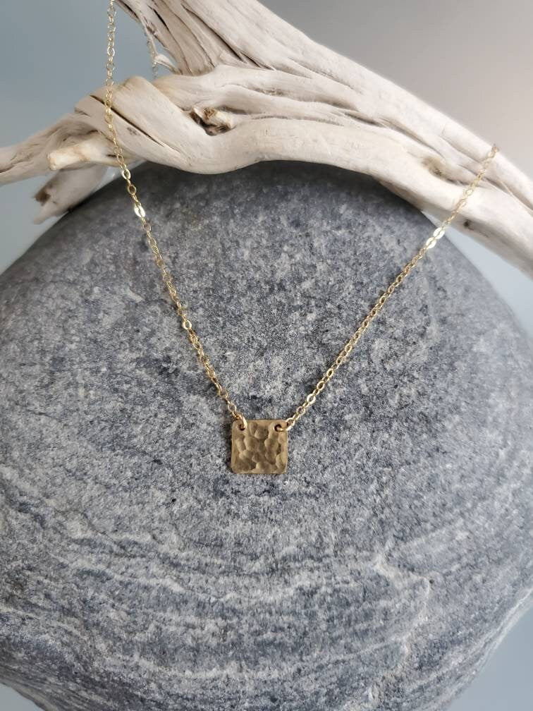 Tiny Gold Square Necklace, layering necklace, gold fill, tiny necklace, Hammered, Gold Necklace, Dainty, Delicate, Minimalist Necklace My Store