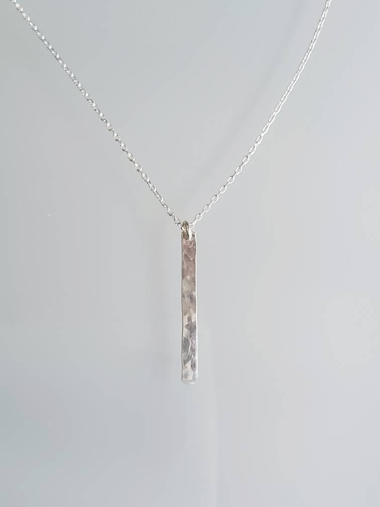 Tiny Sterling Silver Vertical Hammered Bar Necklace