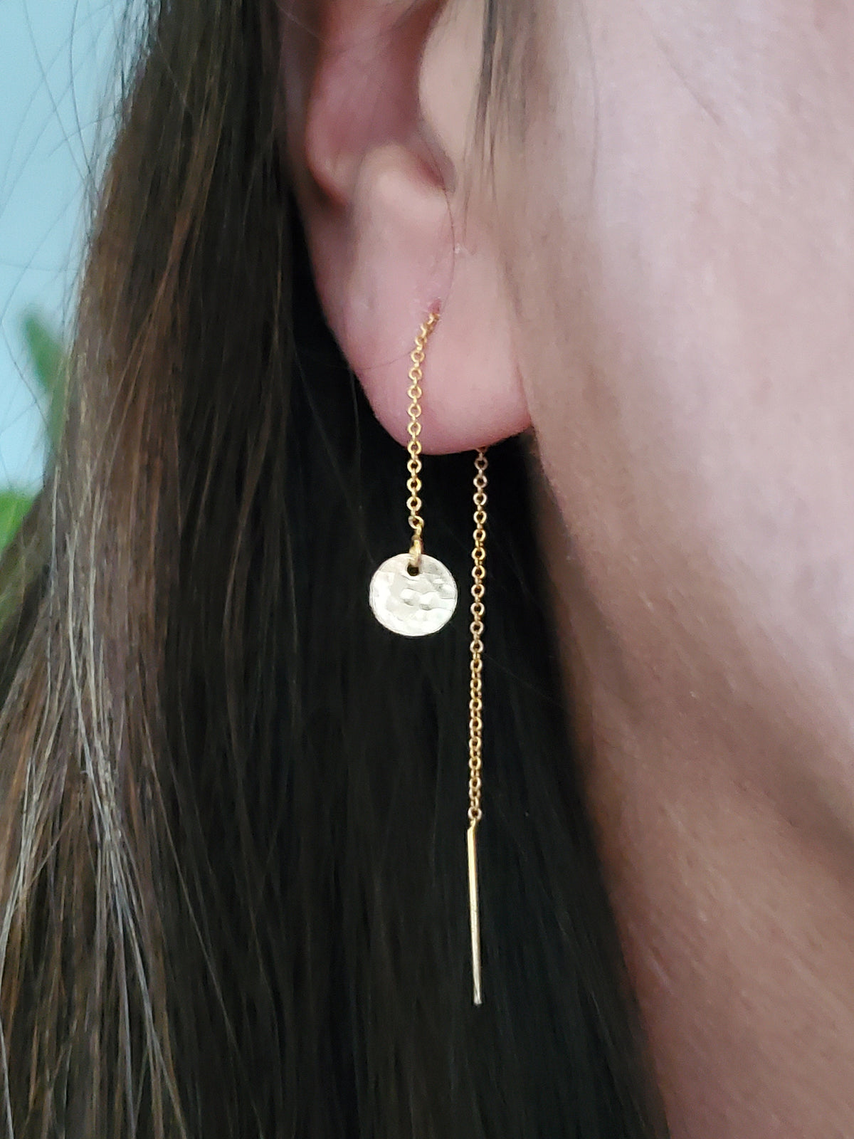 Dainty Threader Earrings, Tiny Circle, Tiny Disk, Circle Earrings, Threader Earrings, 14k Gold Fill, Dainty, Hammered, Circle, Dangle, Tiny My Store