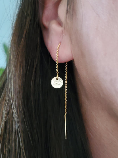 Dainty Threader Earrings, Tiny Circle, Tiny Disk, Circle Earrings, Threader Earrings, 14k Gold Fill, Dainty, Hammered, Circle, Dangle, Tiny My Store