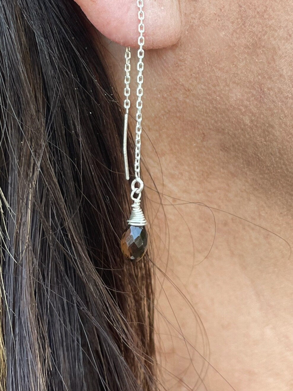 Dainty Threader Earrings, Tiny Gemstone, Threader Earrings, 14k Gold Fill, Dainty, Smoky Quartz, Labradorite, Drop Earrings, Delicate My Store