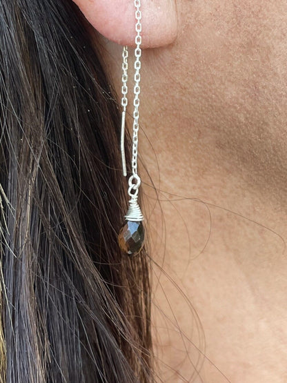 Dainty Threader Earrings, Tiny Gemstone, Threader Earrings, 14k Gold Fill, Dainty, Smoky Quartz, Labradorite, Drop Earrings, Delicate My Store