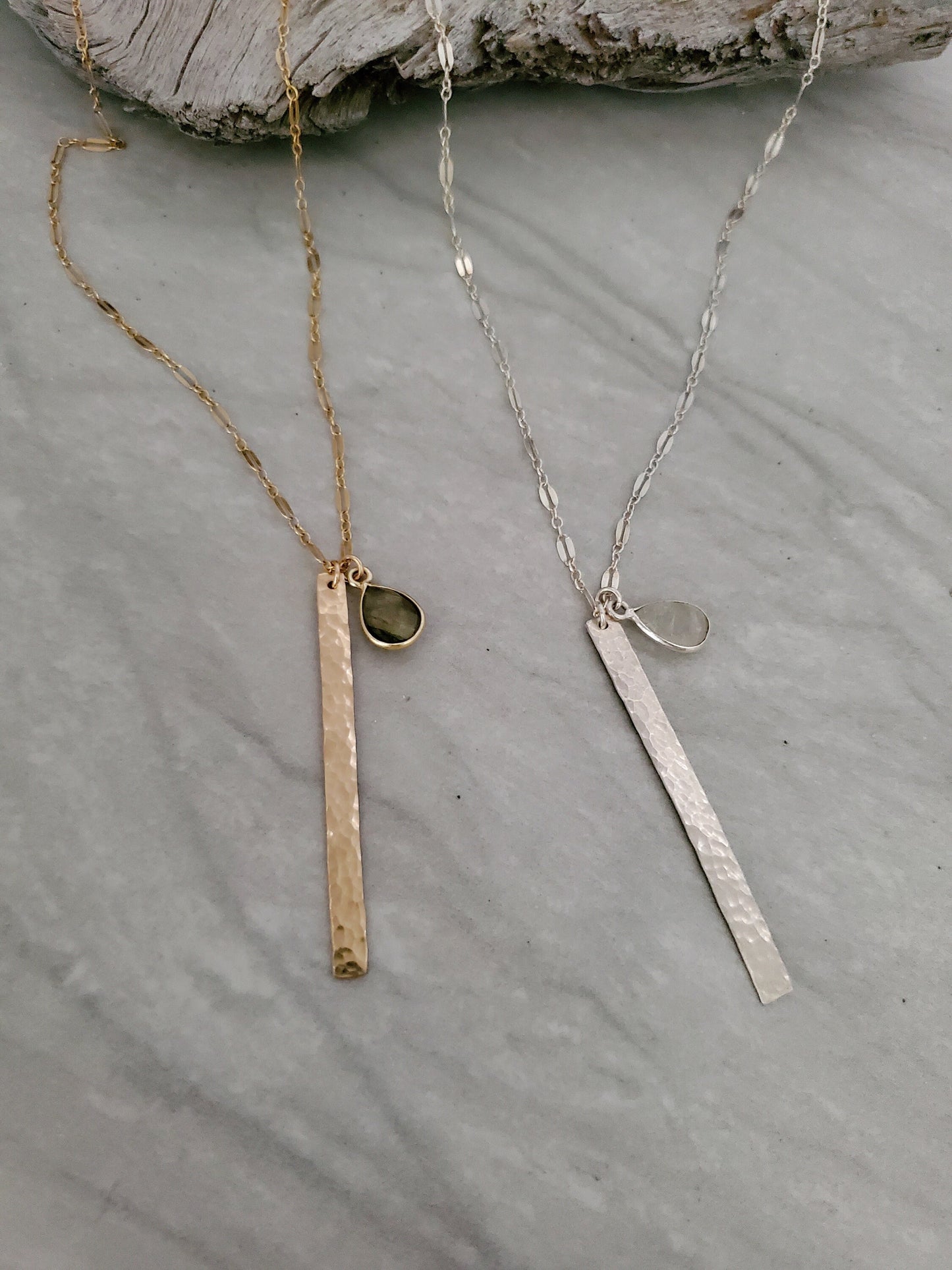 Large Hammered Bar Necklace, Sterling Silver, Gold Fill