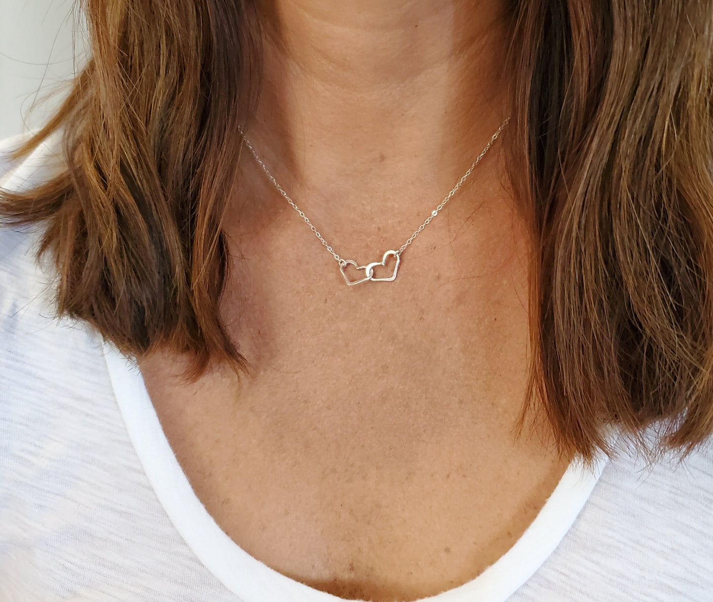 Double Heart Necklace, Sterling Silver, Small Heart Necklace, Silver Heart Necklace, Gold Heart Necklace, Mixed Metal, Gold and silver heart My Store