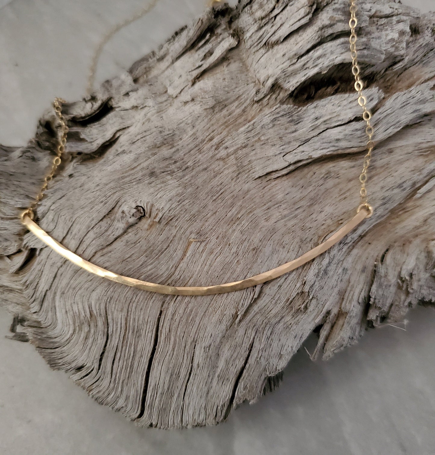 Large Gold Fill Curved Hammered Bar Necklace