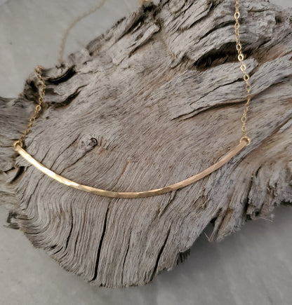 Large Gold Fill Curved Hammered Bar Necklace