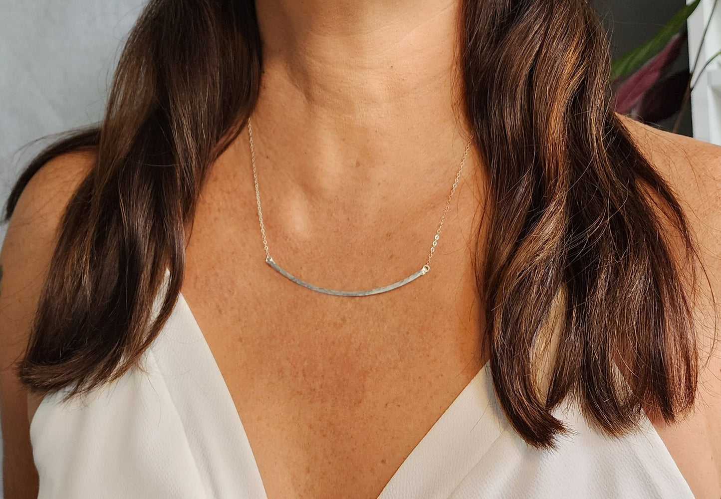 Large Sterling Curved Hammered Bar Necklace