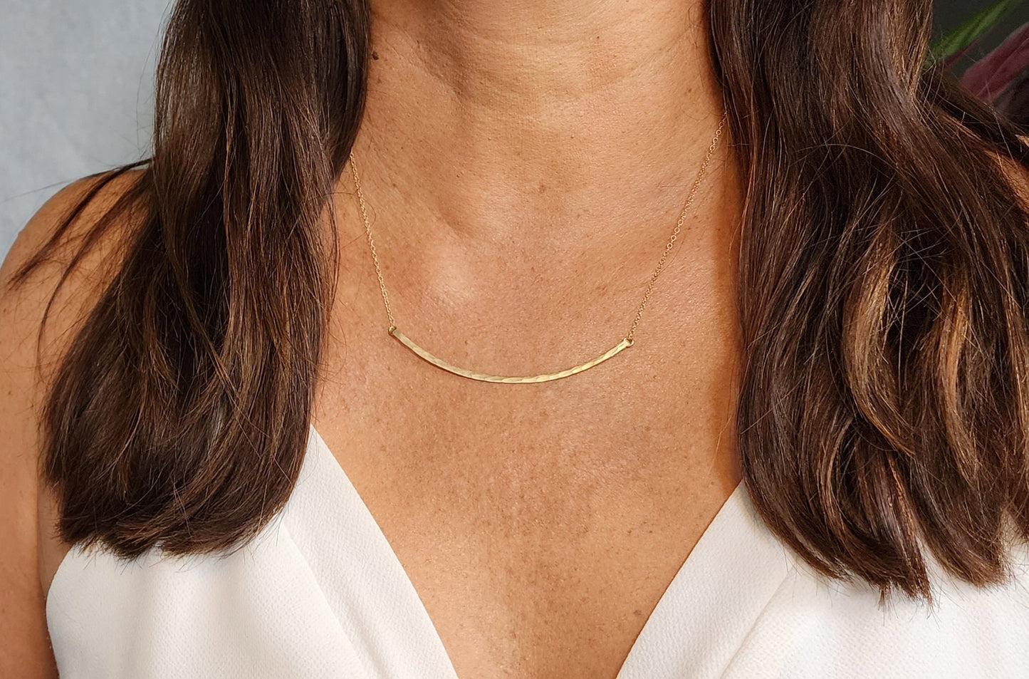 Large Gold Fill Curved Hammered Bar Necklace