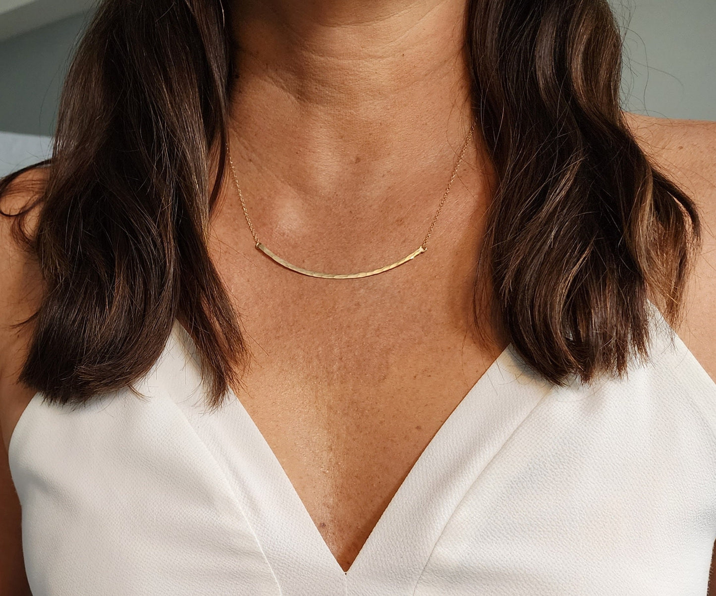Large Gold Fill Curved Hammered Bar Necklace