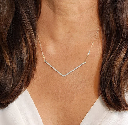 Large Hammered Bar Necklace, Sterling Silver, 14k Gold Filled, Bar Necklace, Hammered Bar, Chevron Chevron Necklace, Gold, Silver, V Bar Necklace