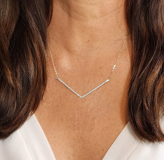 Large Hammered Bar Necklace, Sterling Silver, 14k Gold Filled, Bar Necklace, Hammered Bar, Chevron Chevron Necklace, Gold, Silver, V Bar Necklace
