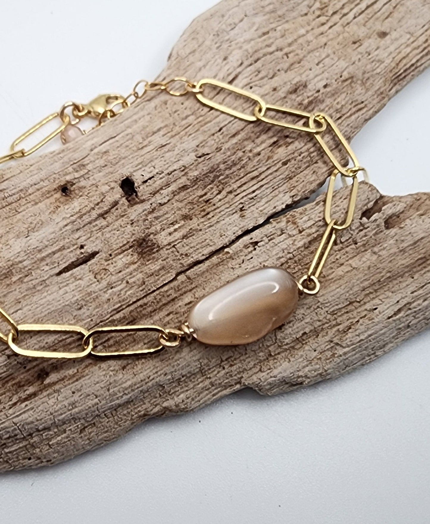 Peach Moonstone Bracelet with Paperclip Chain