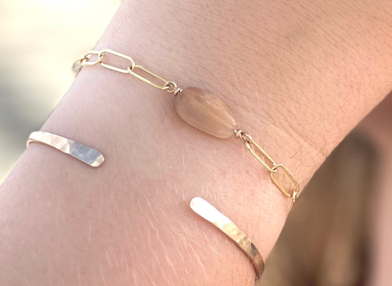 Peach Moonstone Bracelet with Paperclip Chain