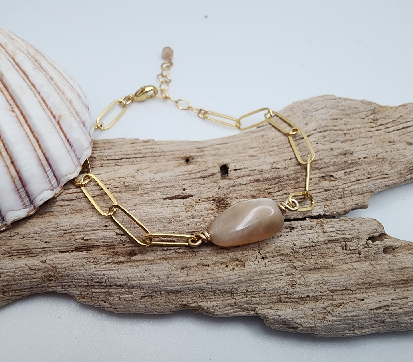 Peach Moonstone Bracelet with Paperclip Chain