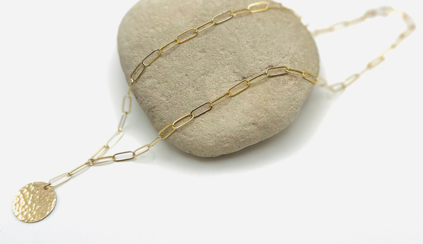 14k Gold Filled Hammered Disk, Y-Necklace, Paperclip Chain