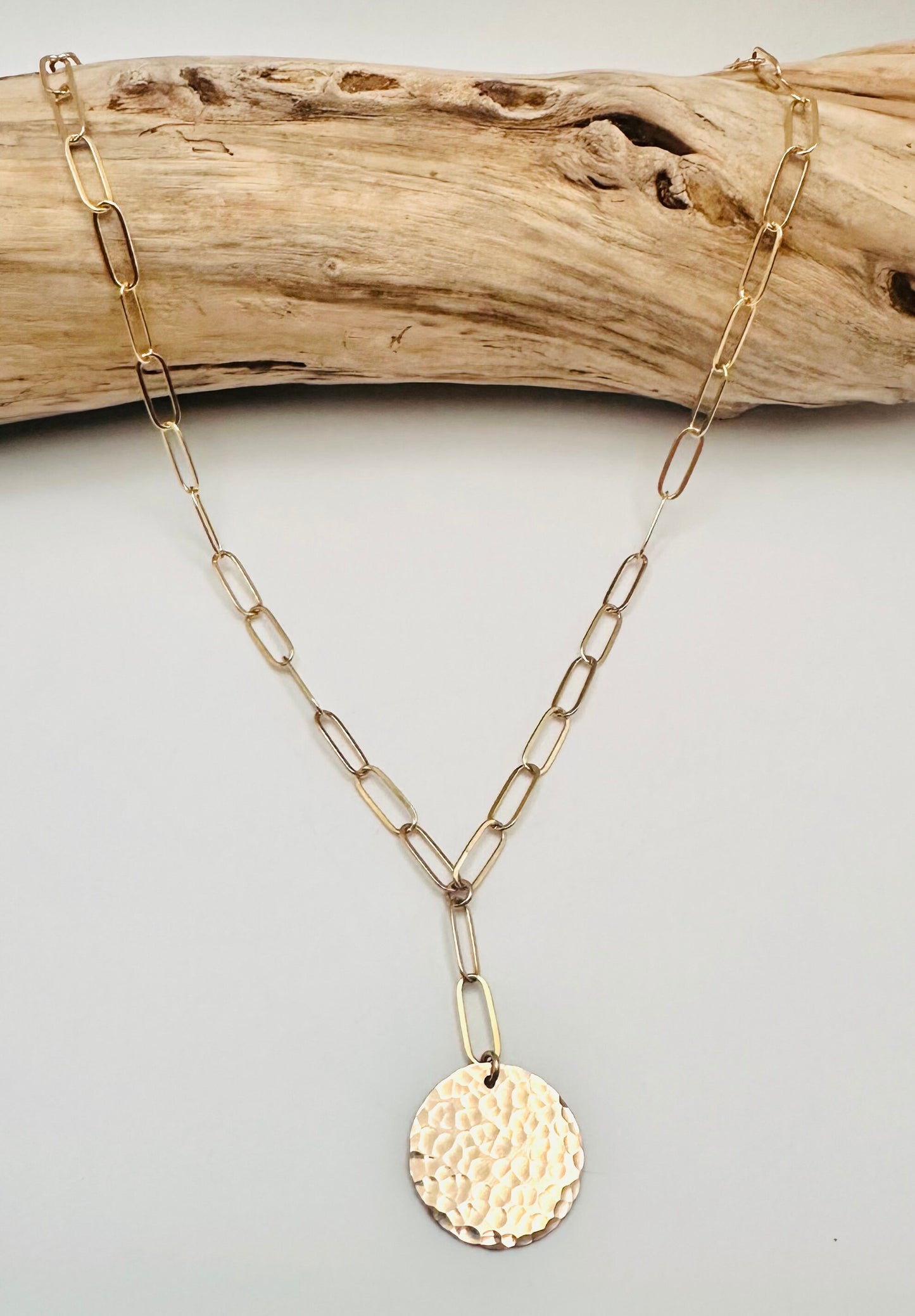 14k Gold Filled Hammered Disk, Y-Necklace, Paperclip Chain