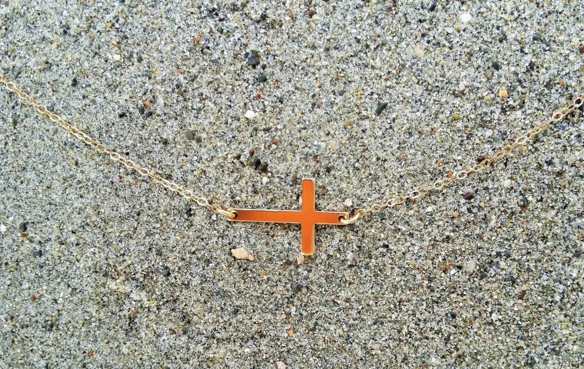 Sideways Gold Cross Necklace, Cross Pendant, Gold Fill Cross My Store