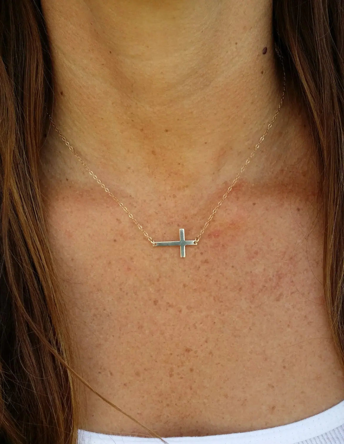Sideways Gold Cross Necklace, Cross Pendant, Gold Fill Cross My Store
