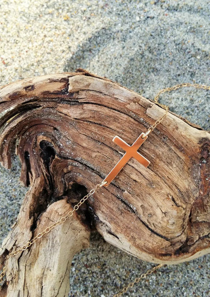 Sideways Gold Cross Necklace, Cross Pendant, Gold Fill Cross My Store