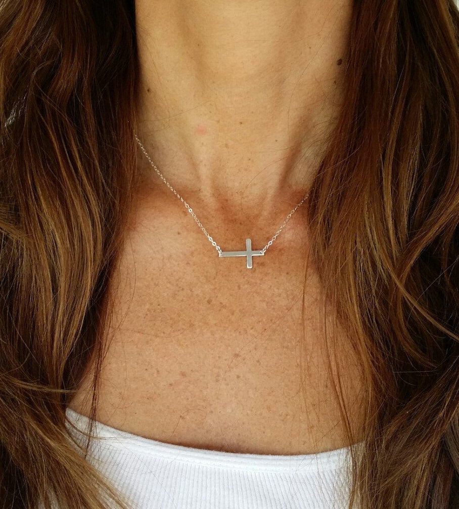 Sideways Sterling Cross Necklace, Cross Pendant, Sterling Silver Cross My Store