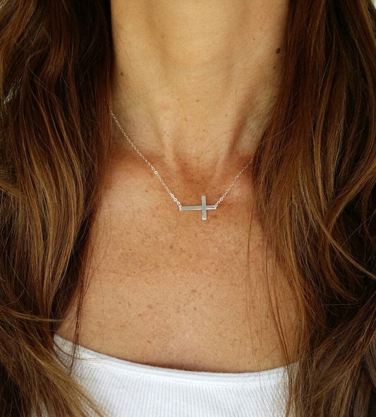 Sideways Sterling Cross Necklace, Cross Pendant, Sterling Silver Cross My Store
